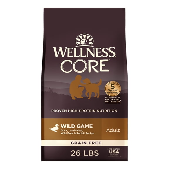 Wellness CORE Dry Dog Food, Grain Free, High Protein, Natural, Wild Game Duck, Lamb, Wild Boar, & Rabbit Recipe, (26-Pound Bag)