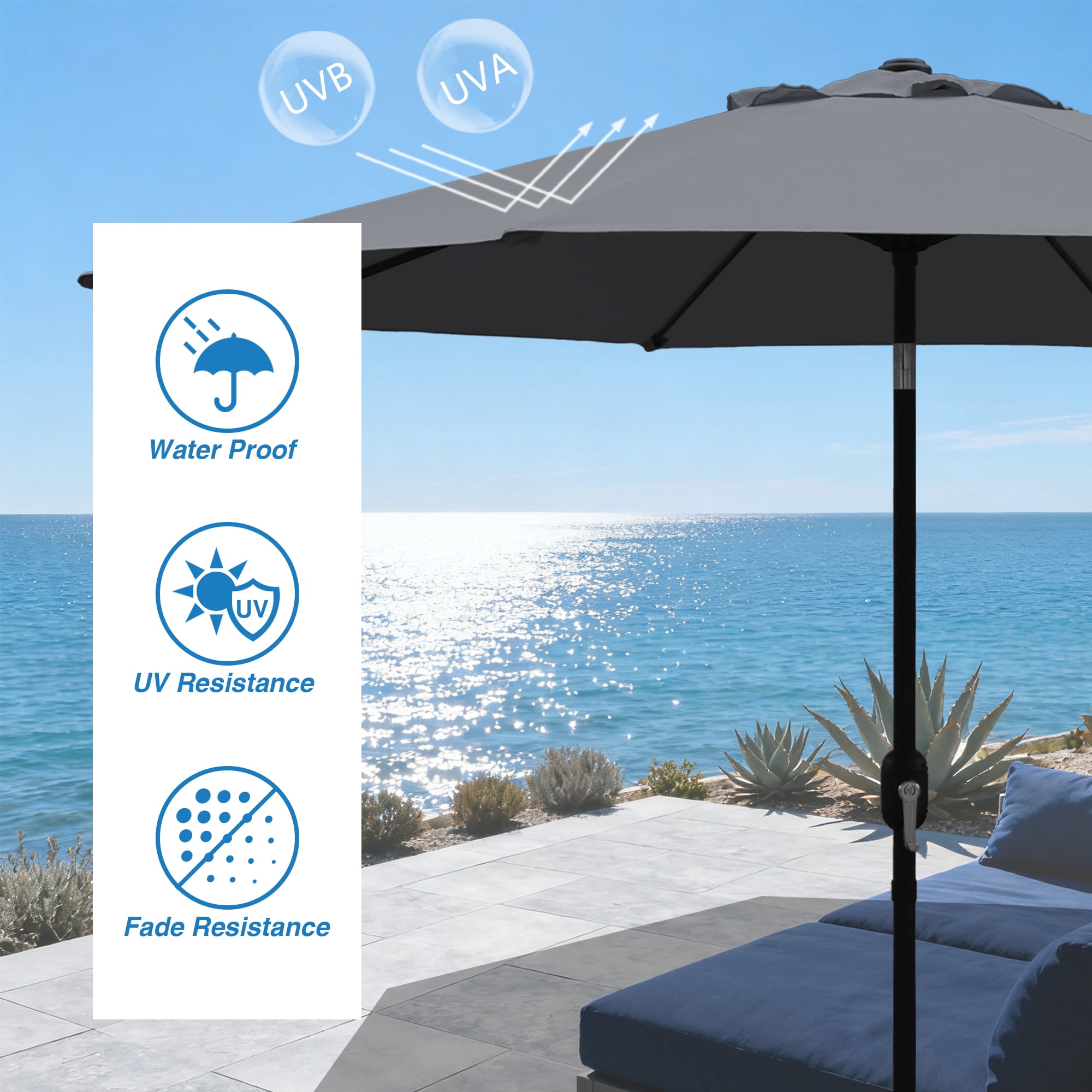 Abble Outdoor 9ft Patio Umbrella with Crank Handle and Push Button Tilt, Outdoor Market Umbrella with 8 Ribs for Garden, Deck, Backyard, Pool, Dark Gray