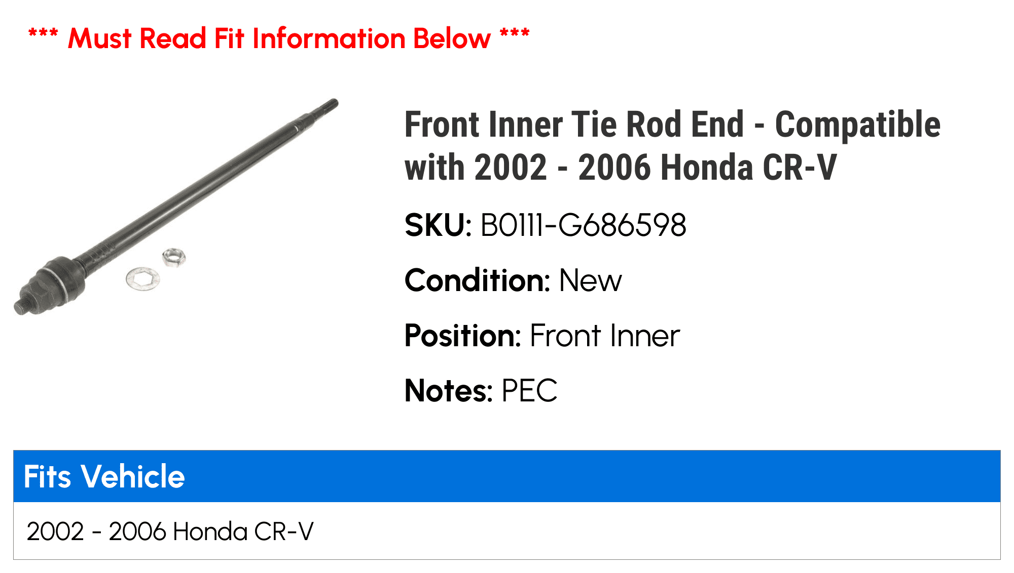 Front Inner Tie Rod End - Compatible with 2002 - 2006 Honda CR-V 2003 2004 2005