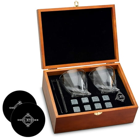 Whiskey Stones and Whiskey Glass Gift Boxed Set - 8 Granite Chilling Whisky Rocks + 2 Crystal Glasses in Wooden Box - Great Gift for Father's Day, Dad's Birthday or Anytime For Dad (+ 2 Free