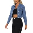 thumbnail image 4 of Chaquetas de mezclilla recortadas para mujeres INSPIRE CHIC con bolsillo en el pecho, con ribete de cuadros, chaqueta de jean con botones, L azul claro, 4 of 6