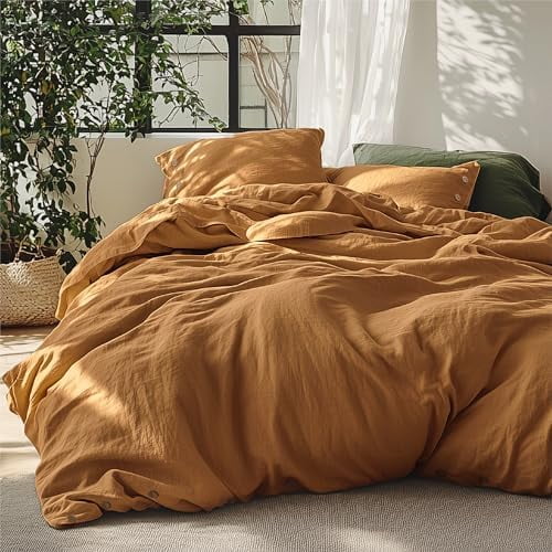 Linen Duvet Cover King Size - Linen Cotton Blend Bedding Set, Soft & Cozy, 3 Pieces, 1 Duvet Cover 104x90 and 2 Pillowcases, Pumpkin Yellow Color Cooling Bedding, Comforter Sold Separately