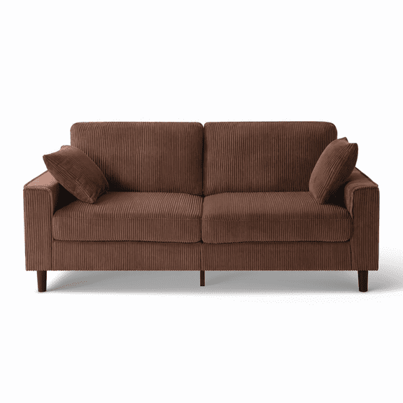 81.8 Inch Brown Corduroy Loveseat 2-Seater Sofa with Square Armrests and Matching Throw Pillows for Living Room Apartment