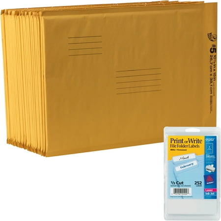 Duck Brand Kraft Bubble Mailers, Manila, 120-Count, 10.5" x 15" and Avery Print or Write File Folder Labels 5202, 1/3 Cut, 252-Pack Bundle