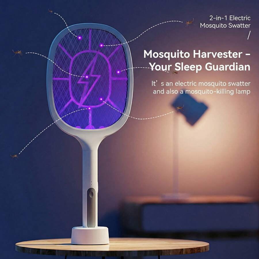 Dual Function USB Powered Electric Insect Eliminator with Adjustable Head and Extending Handle - Compact Indoor Flying Pest Control Device