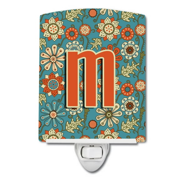 Letter M Flowers Retro Blue Ceramic Night Light