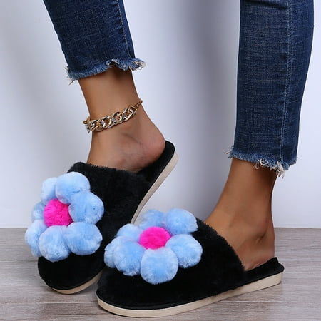 

Zunfeo Womens Flat Slide Sandals- Indoor Home Slippers Closed-Toe Sandals Flower Warm Comfort Couple Slippers Light Blue 6