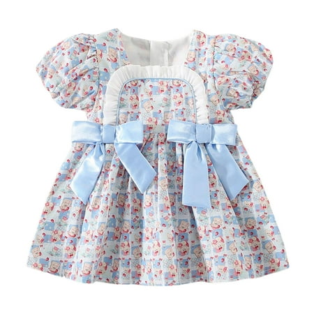 

Toddler Baby Girls Dresses Flower Printed Short Sleeve Off-Shoulder Bowknot Princess Clothing Dance Party Holiday Vacation Daily Wear Dress