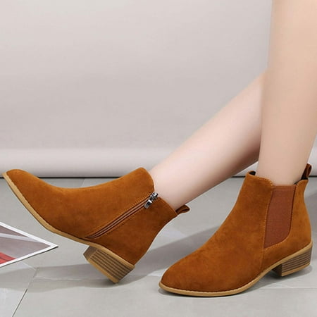 

jsaierl Women s Winter Flock Boots Chunky Heel Low Heel Round-Toe Boots Side Zipper Shoes