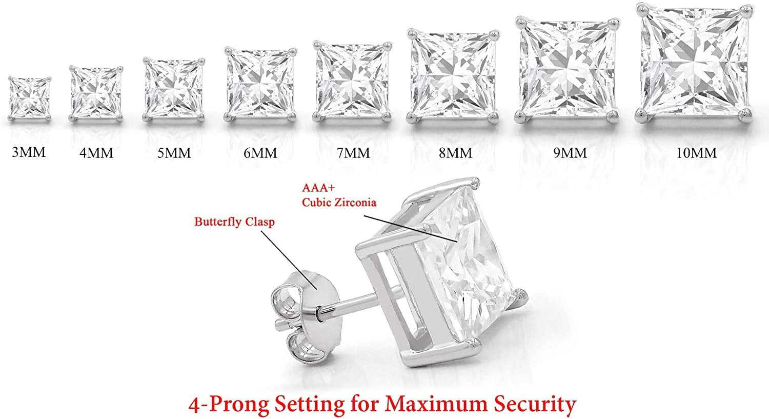925 Sterling Silver 3mm - 10mm Princess Cut Square Rhodium Plated Unisex Classic Clear Cubic Zirconia CZ Stud Earrings, Giorgio Bergamo 9mm