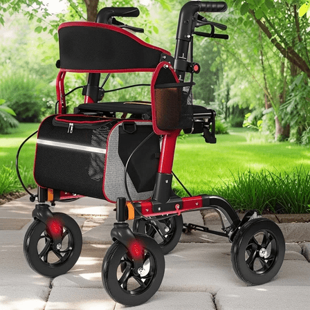 Walkers for Seniors, Rollator Walker with Seat, 350 lb Weight Capacity, 18" Big Seat, 8" All-Terrain Wheels, 6-Level Adjustable Height, Lightweight Aluminum Frame Rollator Walkers for Seniors (RED) 