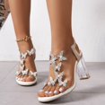 thumbnail image 6 of Women's Rhinestone Butterfly Clear Block Heel Sandals Open Toe Elastic Ankle Strap Heel Dress Shoes Square Toe Heels Party Wedding Sandal Shoes(Beige,7.5), 6 of 7