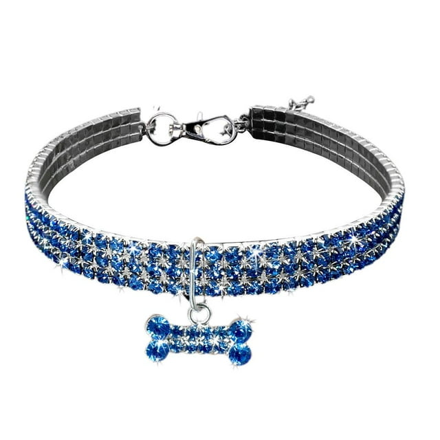 Methold Collar elástico de cristal ostentoso para mascotas, colgante en forma de hueso, accesorios elásticos para mascotas Suministros para perros azul METRO