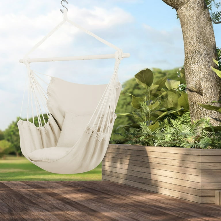 Large Hammock Chair Swing Relax Hanging Rope Swing Chair with Detachable Metal Support Bar Two Seat Cushions Cotton Hammock Chair Swing Seat for