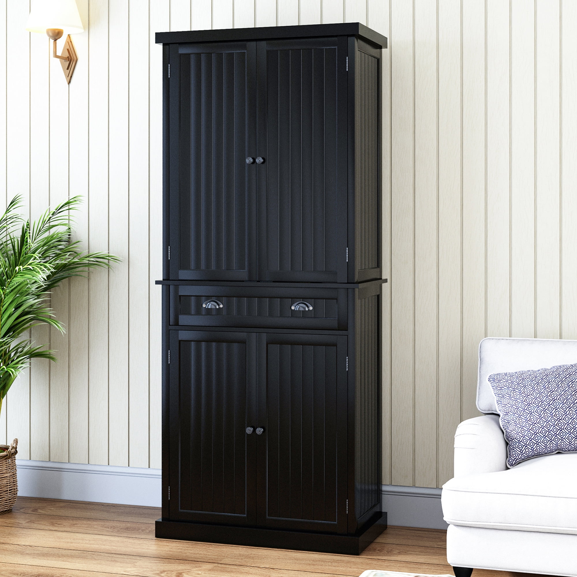 HLR Freestanding Durable Kitchen Pantry Storage Cabinet with Adjustable Shelves, Black