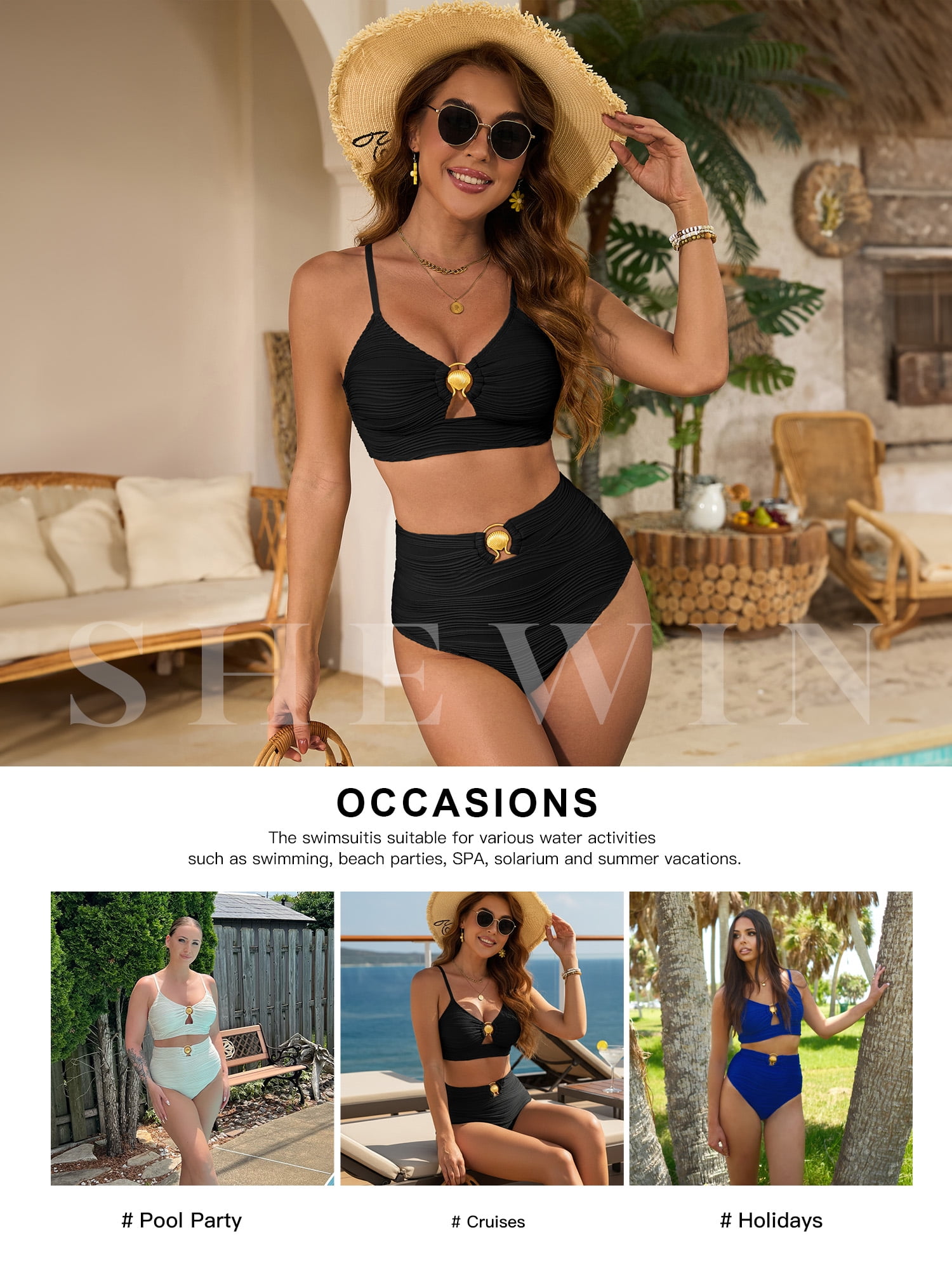 SHEWIN Swimsuit for Women 2 Piece Bathing Suits High Waist Bikini Sets Texture Swimming Suits Full Coverage Beach Essentials Black XL