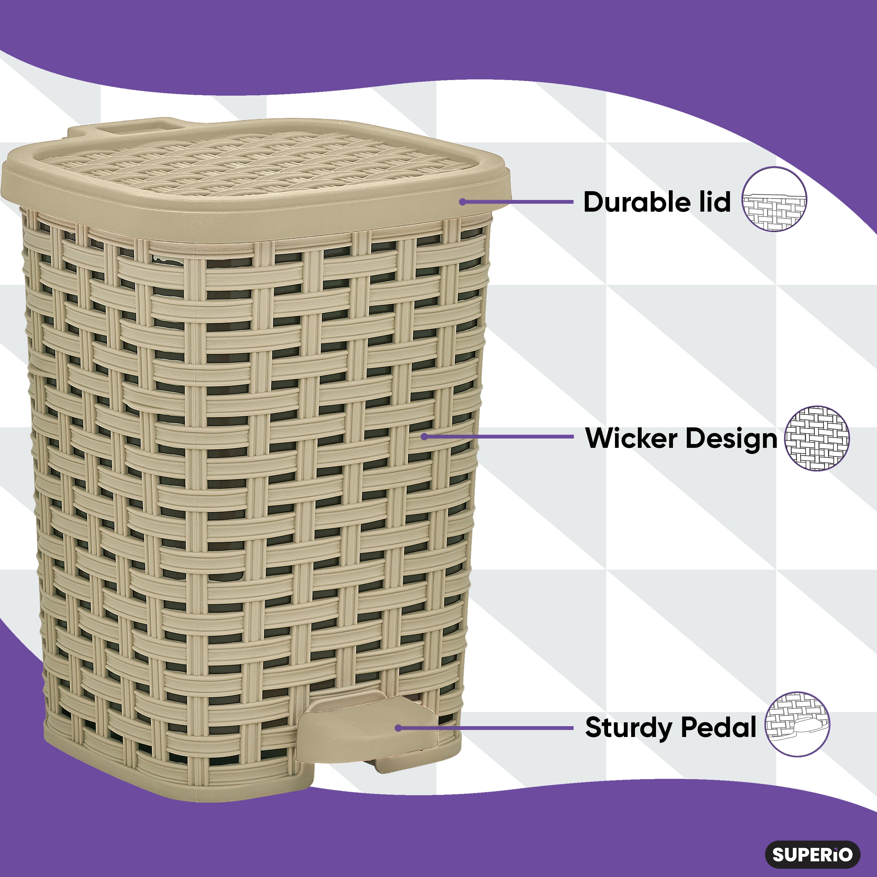 Superio Small Outdoor Trash Can with Lid for Dog Poop 12 Liter - 3 Gallon Plastic Wicker Mini Waste Basket