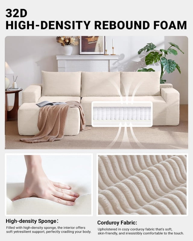 L-Shaped Modular Sectional Sofa with Chaise, 96.9'' Corduroy Boneless Couch Cloud Sofa with Deep Seat for Living Room Bedroom