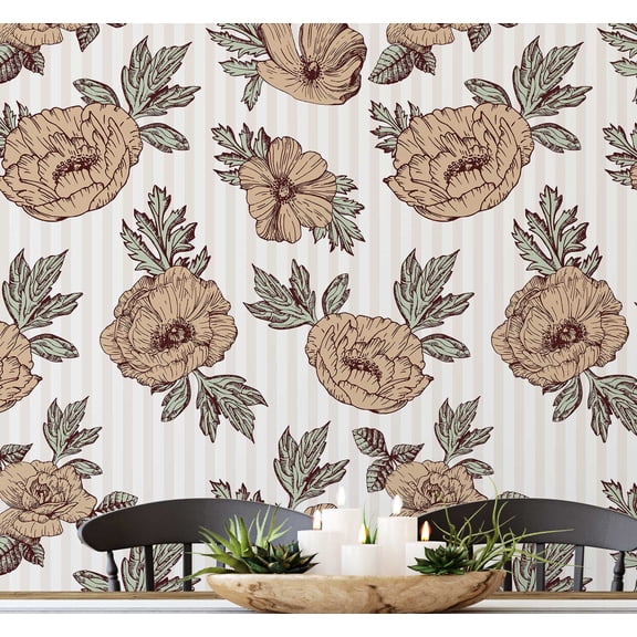 S4sassy Self-Stick Decorative Wallpaper, Peony Stripe Print Wall Paper, Vinyl Waterproof Contact Paper, Beige, 25"x120" inch Removable Renter Friendly Wall Covering For Bedroom, Dining room