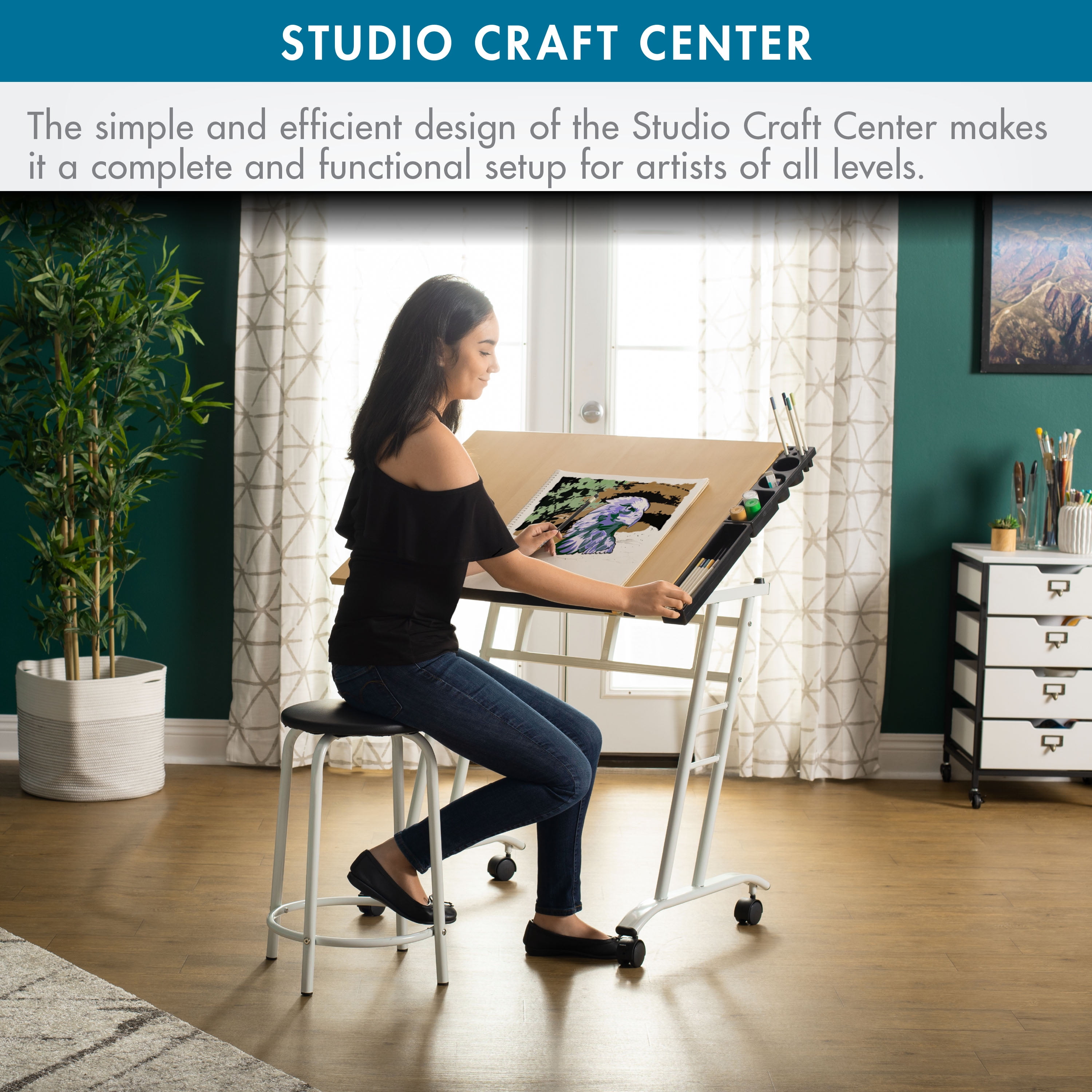 Studio Designs Studio Craft Rolling Drawing Drafting Craft Table with Stool Set, White/ Maple