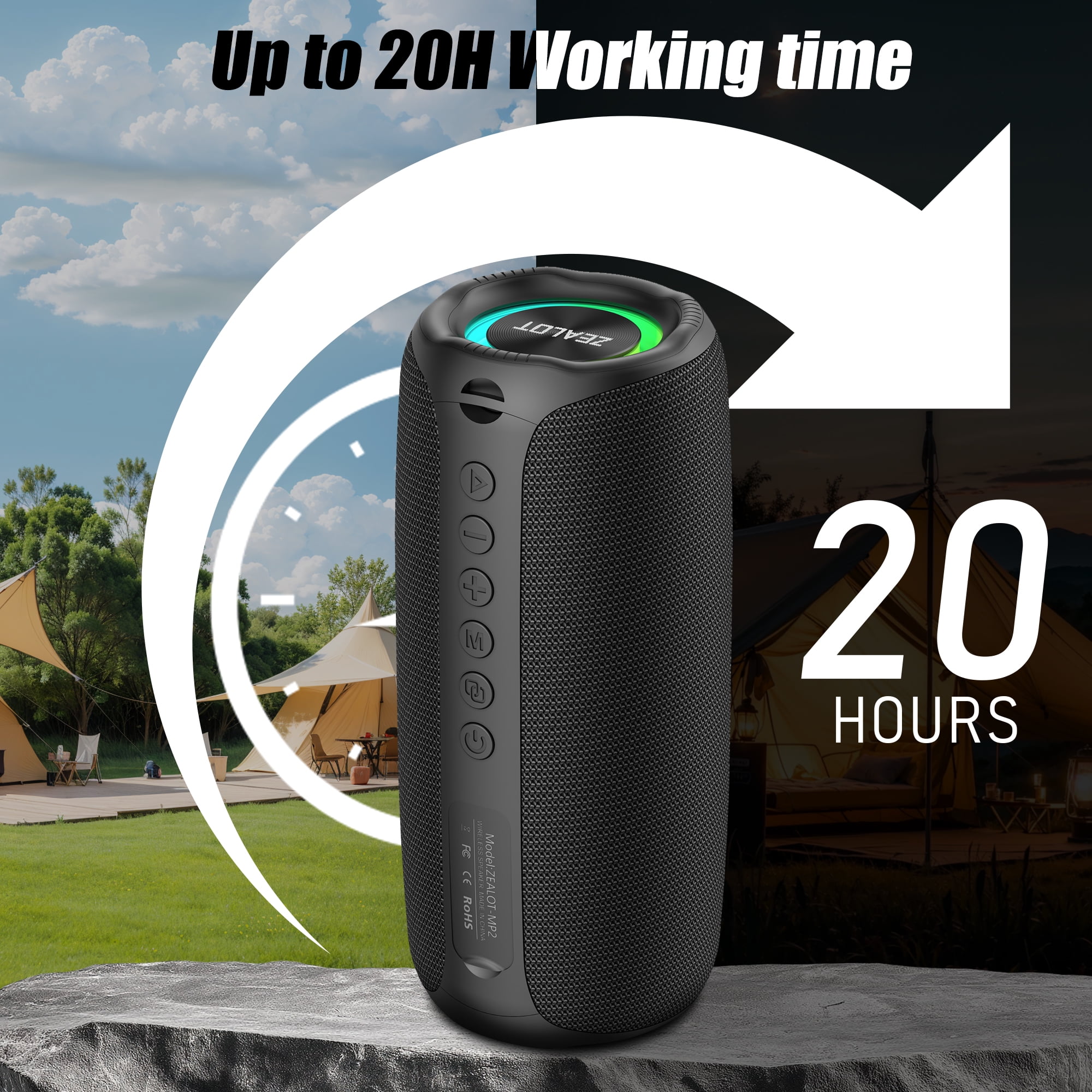 Portable Bluetooth Speaker, Bicycles Speaker, 20W Powerful Sound and Deep Bass, 12H Playtime, Multiple Speaker Pairing for Home, Party and Travel, ZEALOT MP2