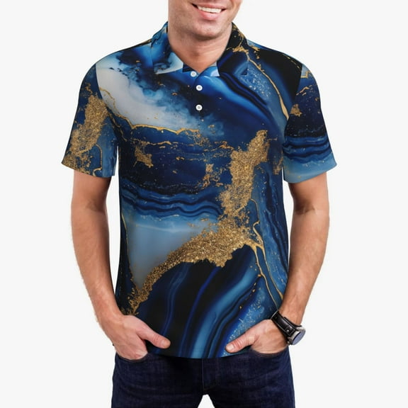 Kdxio Navy Blue Marble Print Men's Short Sleeve Polo Shirt,Midweight Men's Shirt-Small