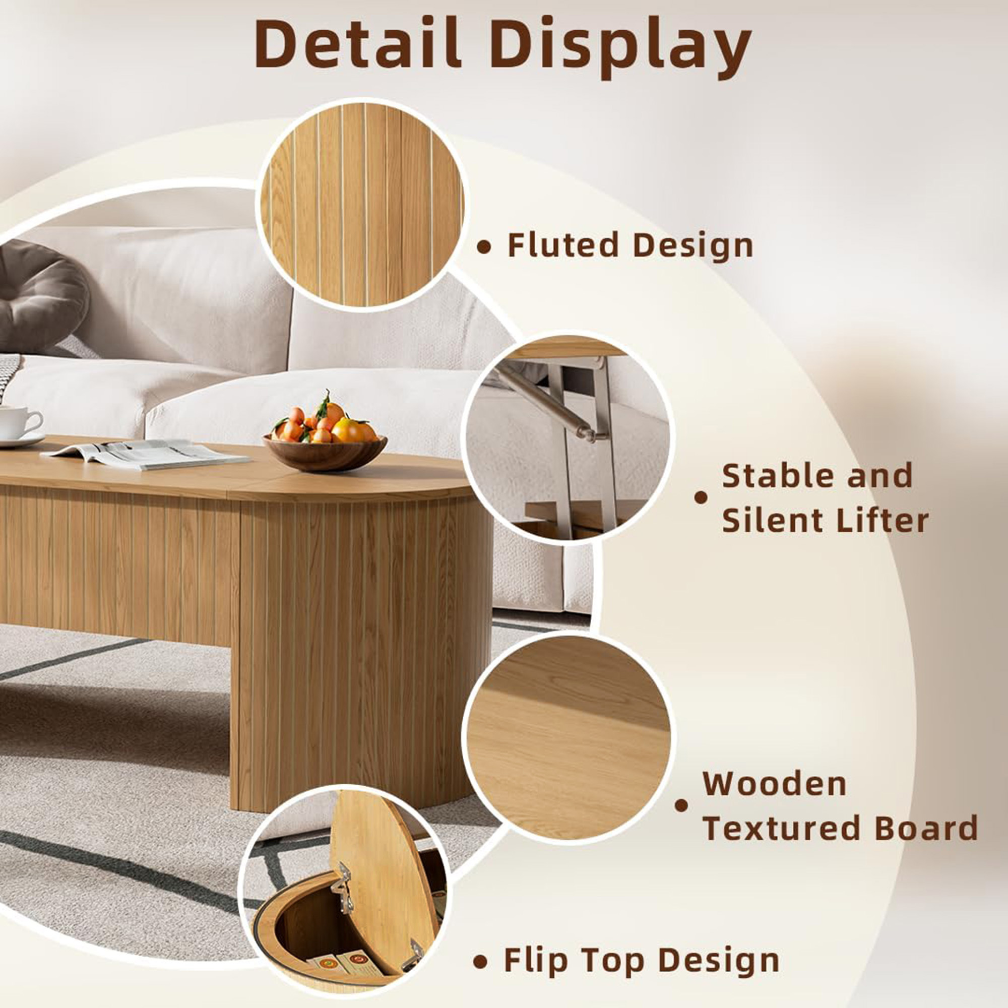 Lift Top Coffee Table with Storage, Oval Center Table with Hidden Compartment, Modern Coffee Table for Living Room, Wood