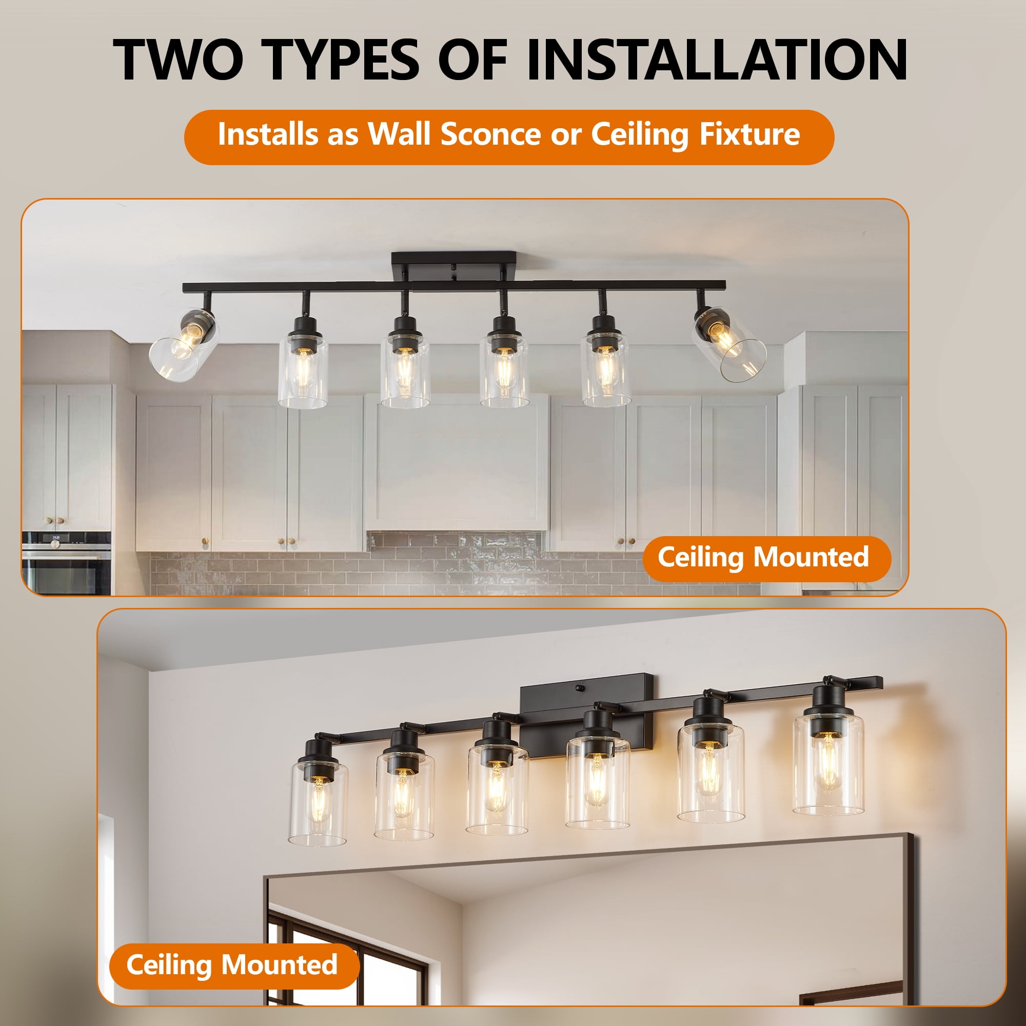Leumius 6-Light Semi Flush Mount Ceiling Light, Adjustable Kitchen Light Fixtures Ceiling Mount with Clear Glass Shades, Rotatable Black Track Lighting Fixtures for Hallway, Foyer, Bedroom(No Bulbs)