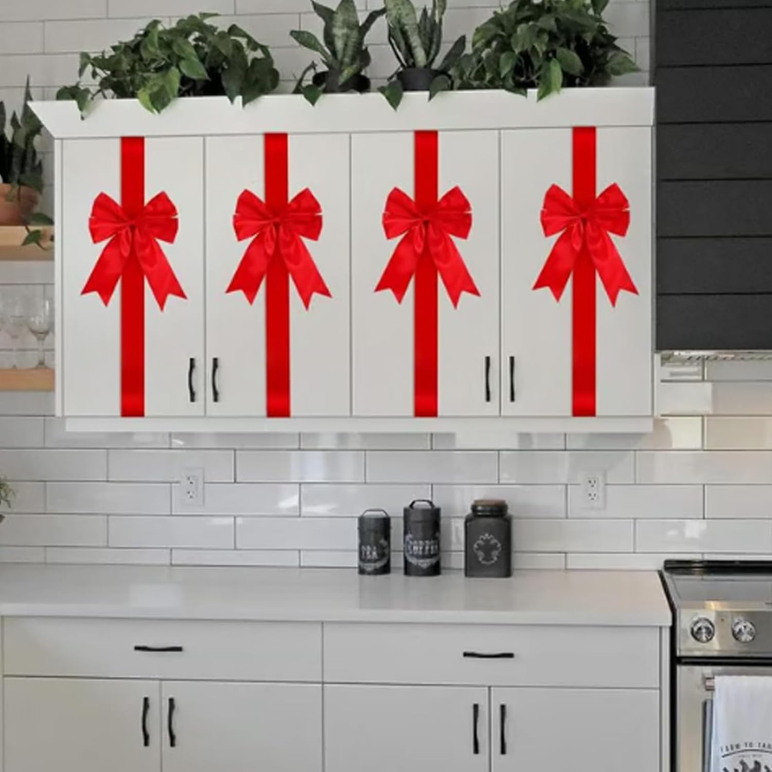 Red Christmas Cabinet Ribbons Bows, Large Red Bow Christmas Door Kitchen Cabinet Ribbon Bows Locker for Xmas Holidays Party Decorations Supplies (Red, 2pc)