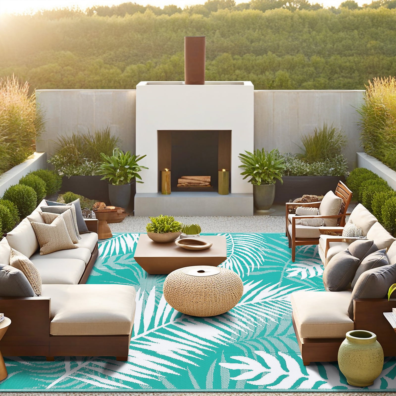 MeyJey Outdoor Rug, 5'x7' Reversible Waterproof Area Rug, Plastic Mat for RV Patio Camping, Teal