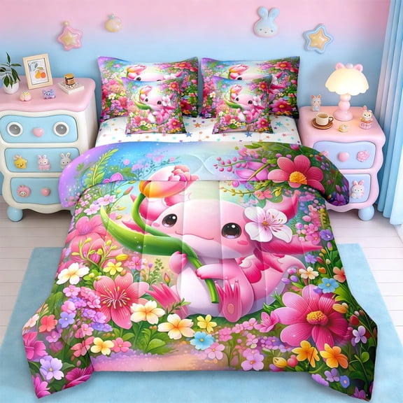 Erosebridal Pink Kawaii Axolotl 7pcs Bedding Comforter Set,Colorful Cute Flower Queen Bedding Sets For Girl Kids,Reversible