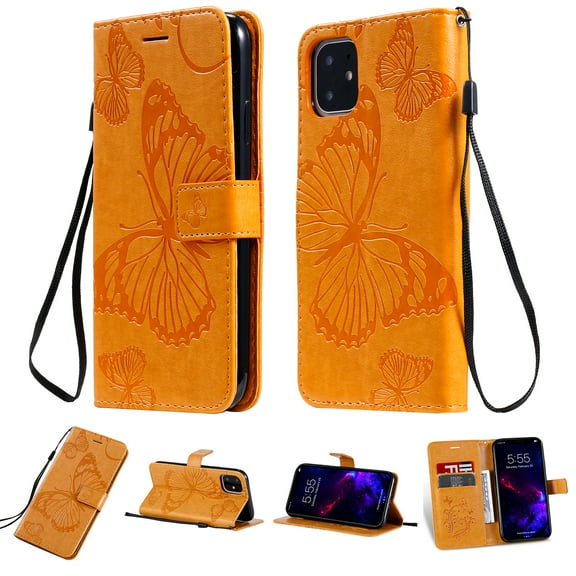 iPhone 11 Wallet Case, Flip Kickstand Emboss Butterfly PU Leather Protective Phone Cover with Wrist Strap & Card Slots, Yellow