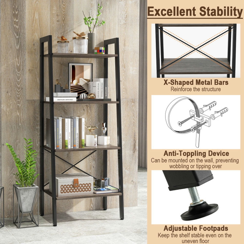 Demi Bonn 4-Tier Bookshelf with Metal Frame and Adjustable Foot Pads, Display Rack for Plants and Books, Gray
