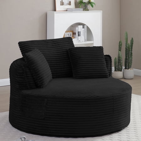 Vanress 53'' Oversized Round Chaise Lounge Chair Indoor,Upholstered Corduroy Deep Seat Cloud Circle Sofa Chair,Modern Fluffy Comfy Floor Reading Armchair for Living Room,Bedroom,No Assembly,Black