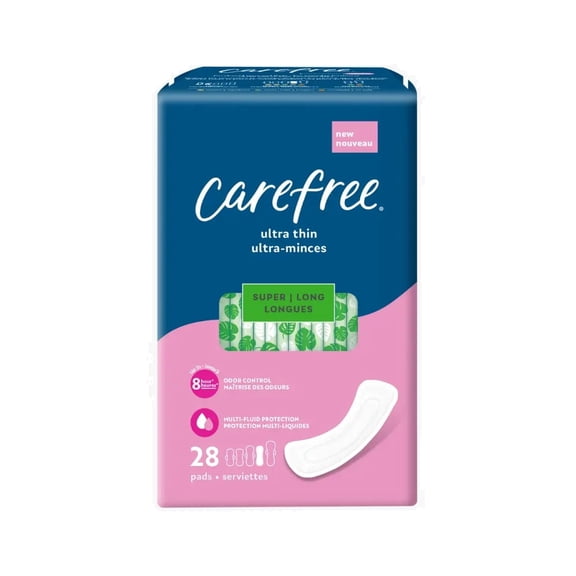 CAREFREE® Ultra Thin Super Long Pads Without Wings, 28ct, Multi-Fluid Protection For Up To 8 Hours, With Odor Neutralizer