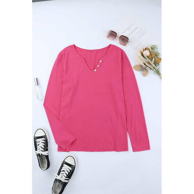 ABPHQTO Top de mujer rosa con escote en pico y botones de manga larga