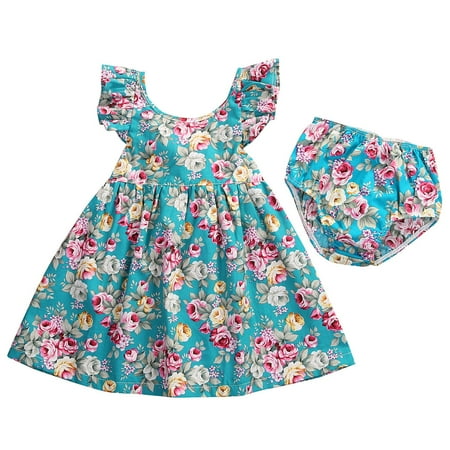 

Newborn Kids Baby Girls Summer Ruffle Floral Dress Sundress Briefs Outfits Set