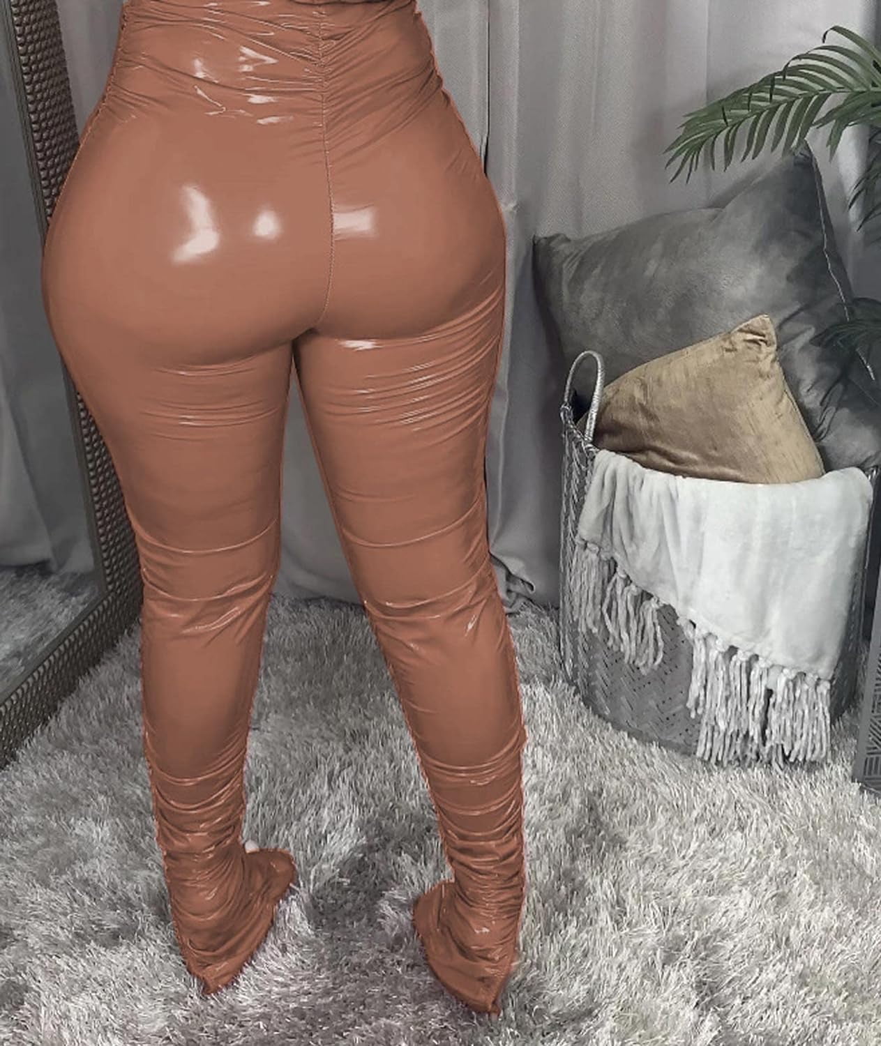 HLSOHJP Women's Pleated PU Leather Pants High Wasit Bodycon Ruched Split Hem Faux Leather Club Legging Trousers