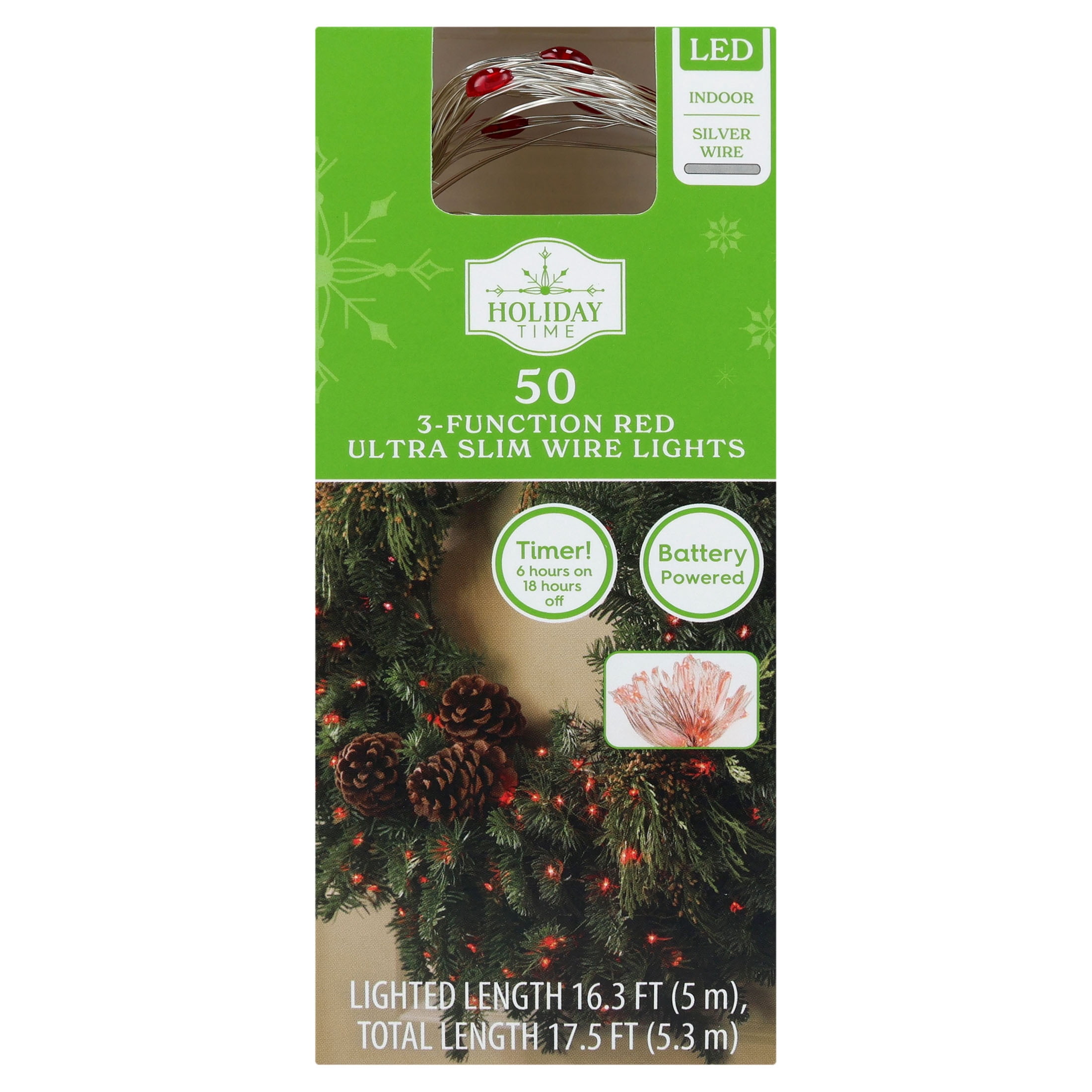Indoor 50-Count Battery-Operated LED 3-Function Ultra Slim Wire Christmas String Lights, Red, Silver Wire, 16.3', by Holiday Time