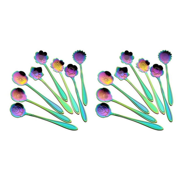 Juego de 16 cucharas con forma de flor, cuchara de té reutilizable de acero inoxidable 410, cuchara para revolver, cuchara de café (4,9 pulgadas, arcoíris)