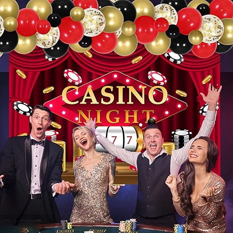 Casino Theme Balloon Arch Garland Kit, Red Black Dice Chips Casino Night Backdrop for Las Vegas Gambling Birthday Bachelorette Party Indoor Outdoor Decorations Supplies