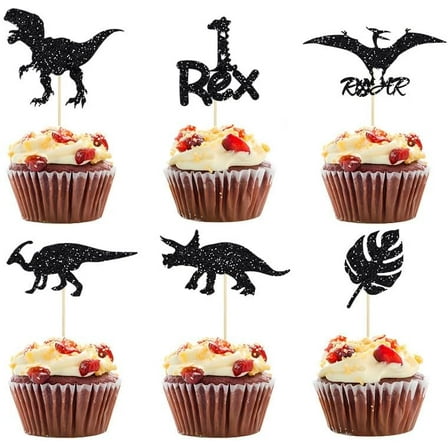 12pcs Dinosaur Cupcake Toppers 1 Rex Dinosaur Roar Baby Shower Dinosaur One Birthday Picks for Dinosaur Kids Birthday Party Decorations Supplies（Black）