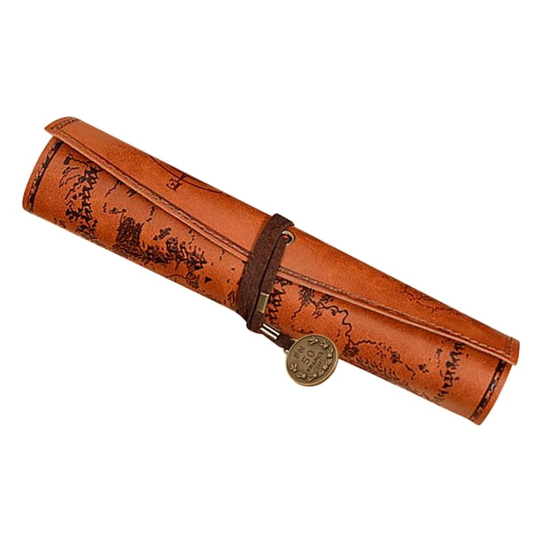 Treasure Map Vintage Canvas Leather Large Capacity Rolling Pencil Bag Cute Stationery Box Rolling Pencil Bag