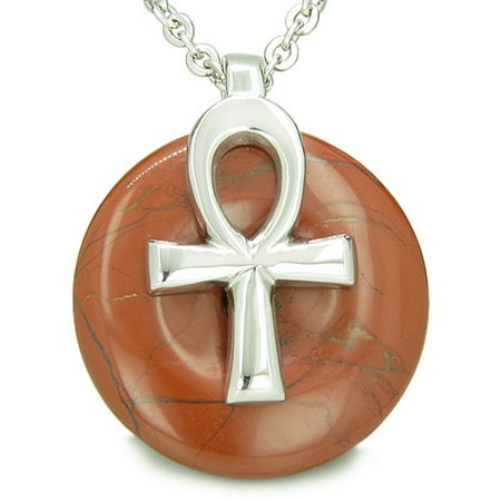 Red Jasper Heart Necklace - All Powers of Life Ankh Egyptian Amulet Red Jasper Lucky Donut Pendant 22 Inch Necklace