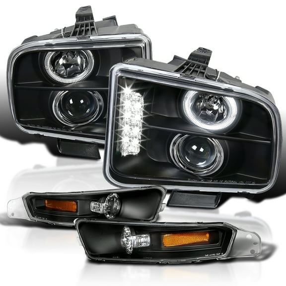 Spec-D Tuning Black Halo LED Projector Headlights   Black Bumper Lights Compatible with 2005-2009 Ford Mustang, Left   Right Pair Headlamps Assembly