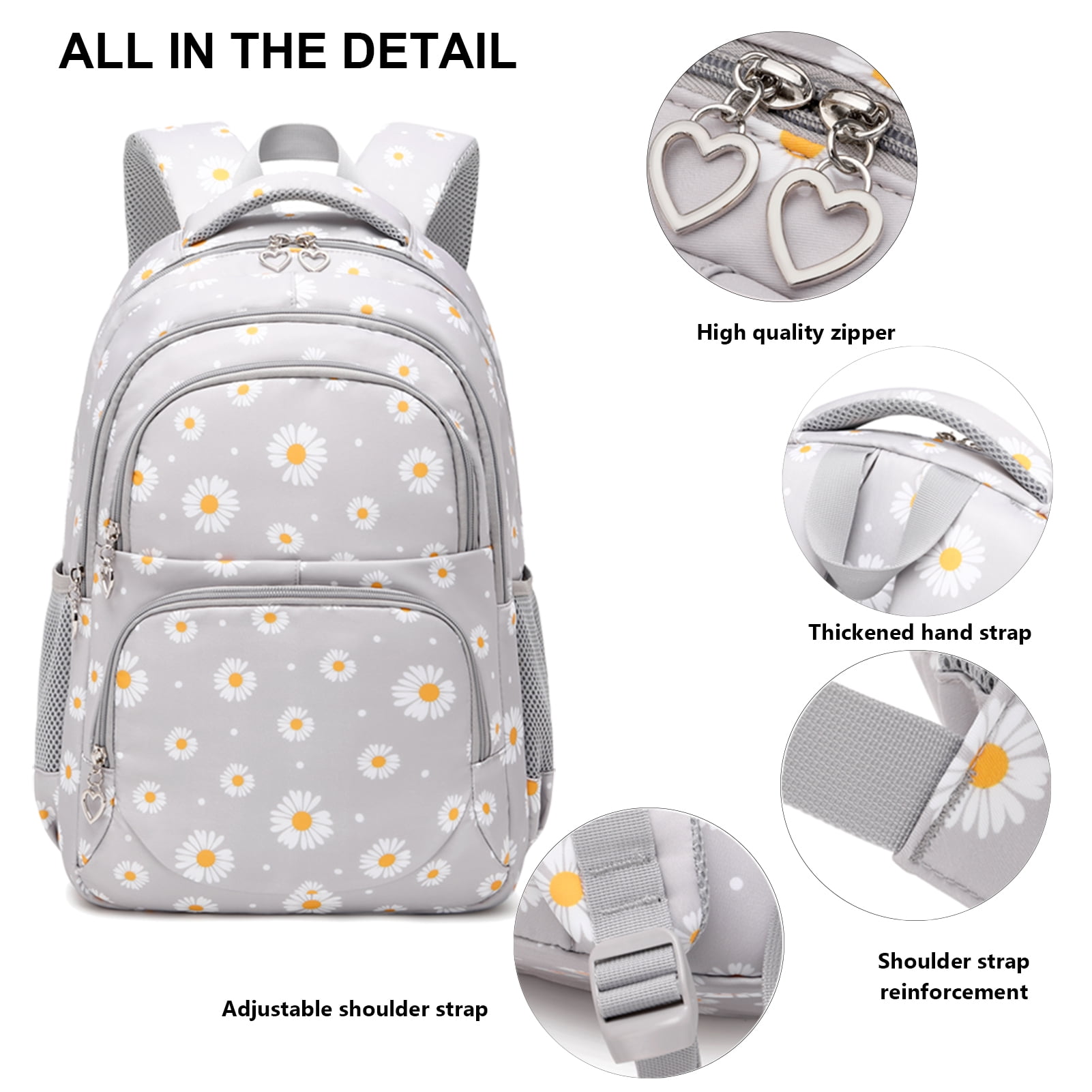 Forestfish 3-Piece Backpack Set for School,Large Capacity Teen Backpack with Insulated Lunch Bag & Pencil Case,Waterproof with Laptop Compartment & Side Pocket(Daisy A/Gray)
