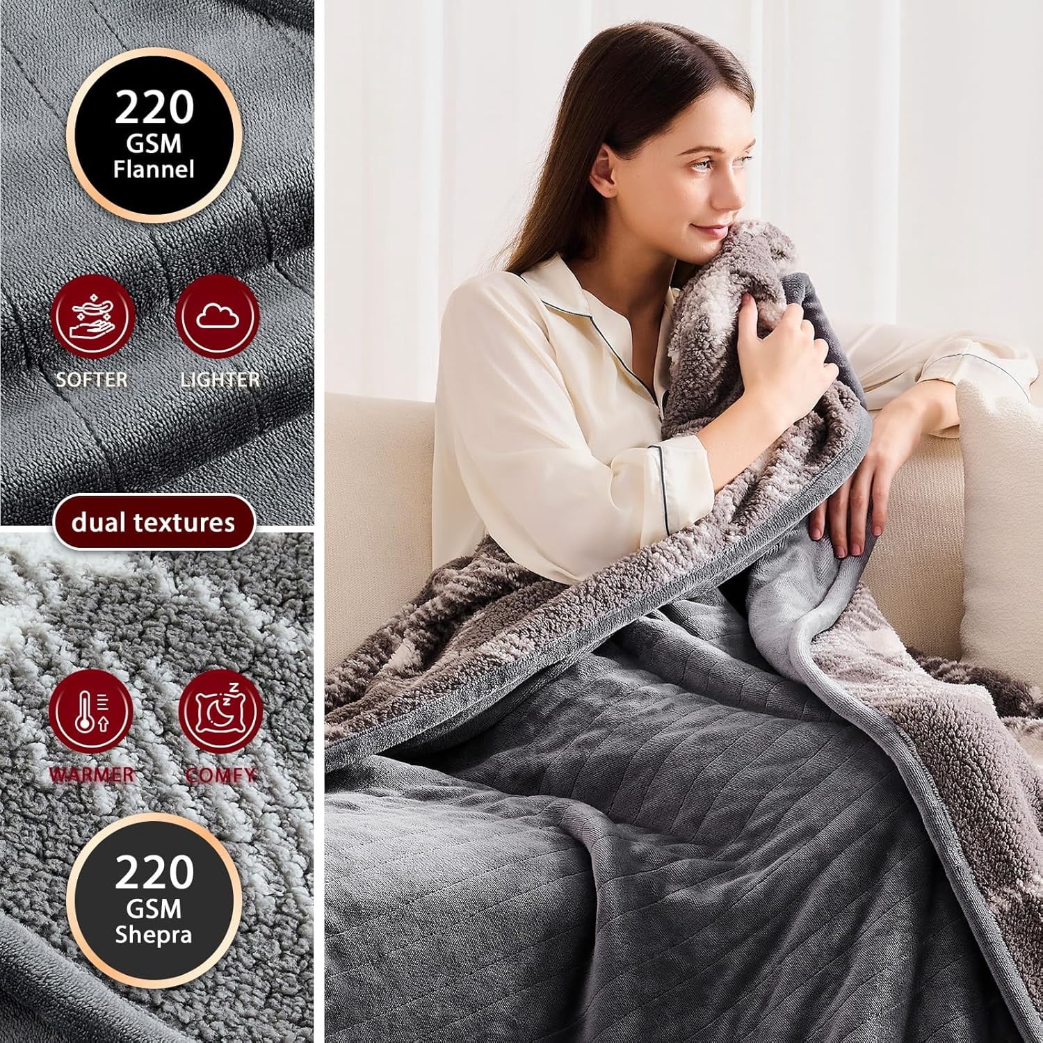 Heated Electric Blanket Queen Size - 84"x90" Flannel Heating Blanket with 10 Heating Levels & 5 Time Settings Over-Heat Protection（Grey）