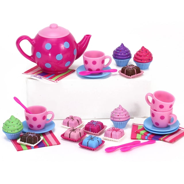 Sophia's Sprinkled Cupcakes, coloridos pasteles Petit Four, servilletas, tetera de lunares y accesorios para cuatro muñecas de 18 pulgadas, rosa