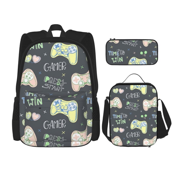 Easygdp Gamers Mochila para Niños y Niñas con Set de Caja de Almuerzo y Estuche para Lápices 3 en 1, Mochila Escolar Estampada para Adolescentes