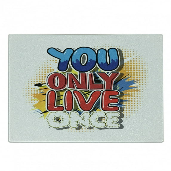 YOLO Cutting Board, Cartoon Style Life Message Comic Book Style Letters on Paint Splashes and Halftone, Decorative Tempered Glass Cutting and Serving Board, Small Size, Multicolor, by Ambesonne